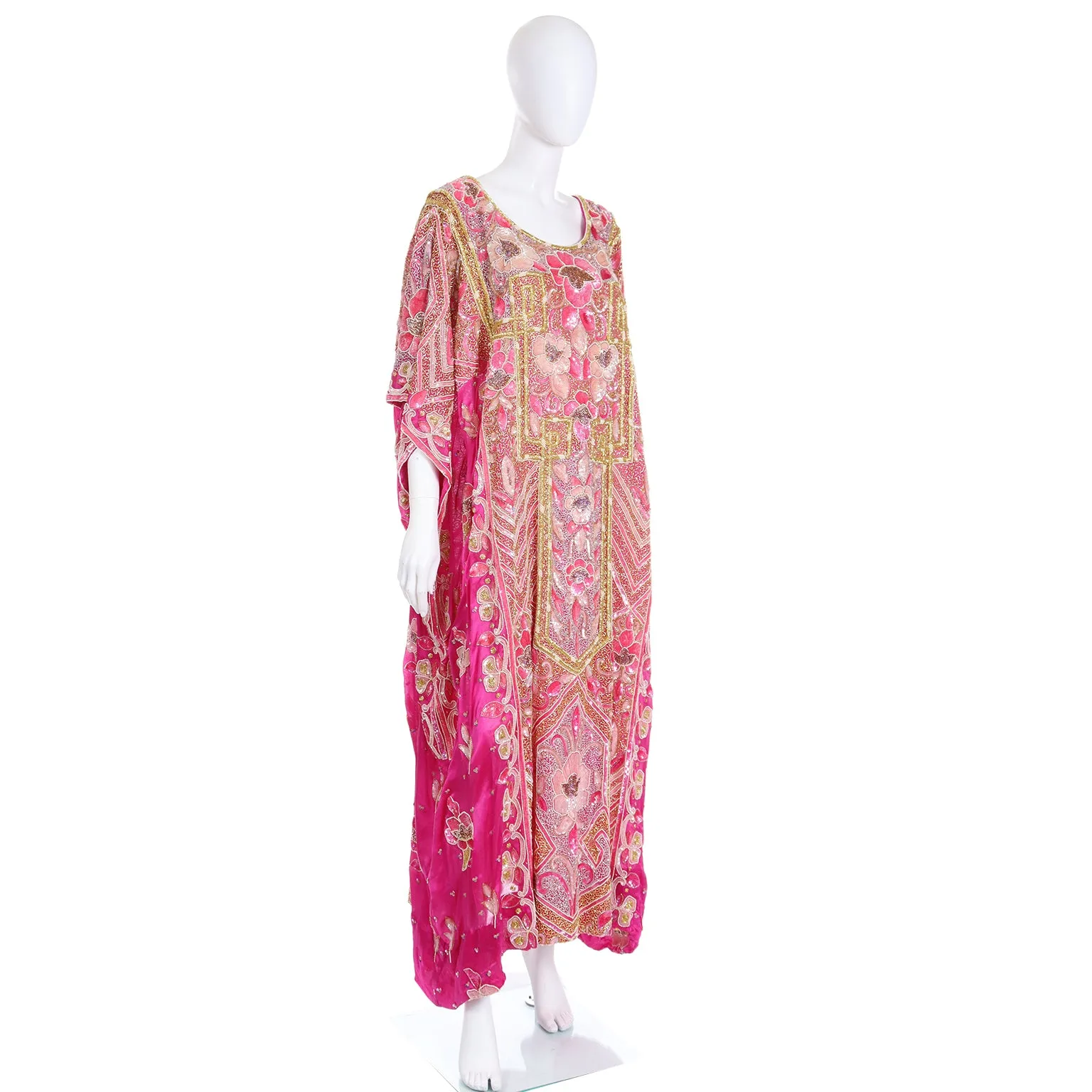 1980s Hot Pink Vintage Caftan With Raised Gold Beading and Sequins