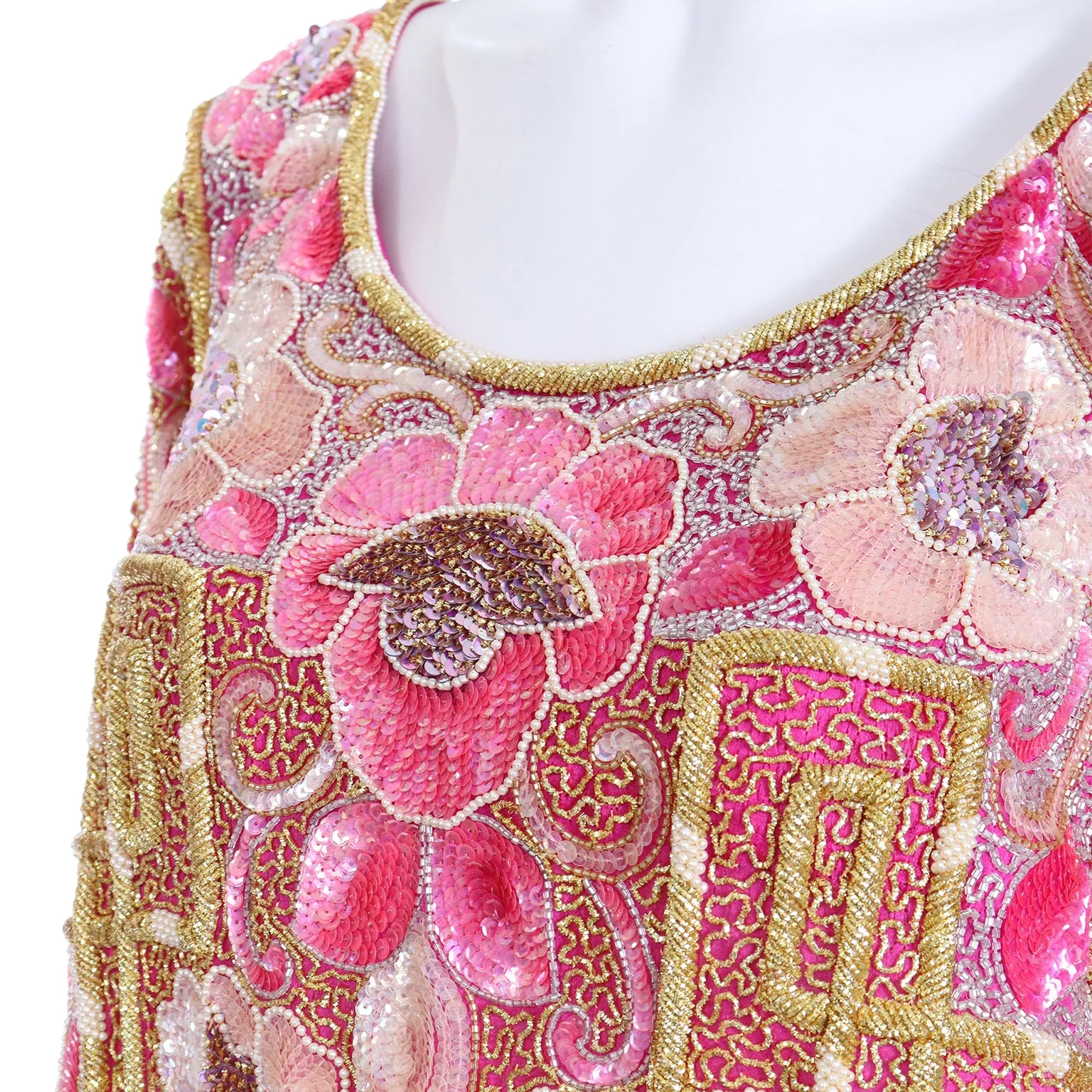 1980s Hot Pink Vintage Caftan With Raised Gold Beading and Sequins