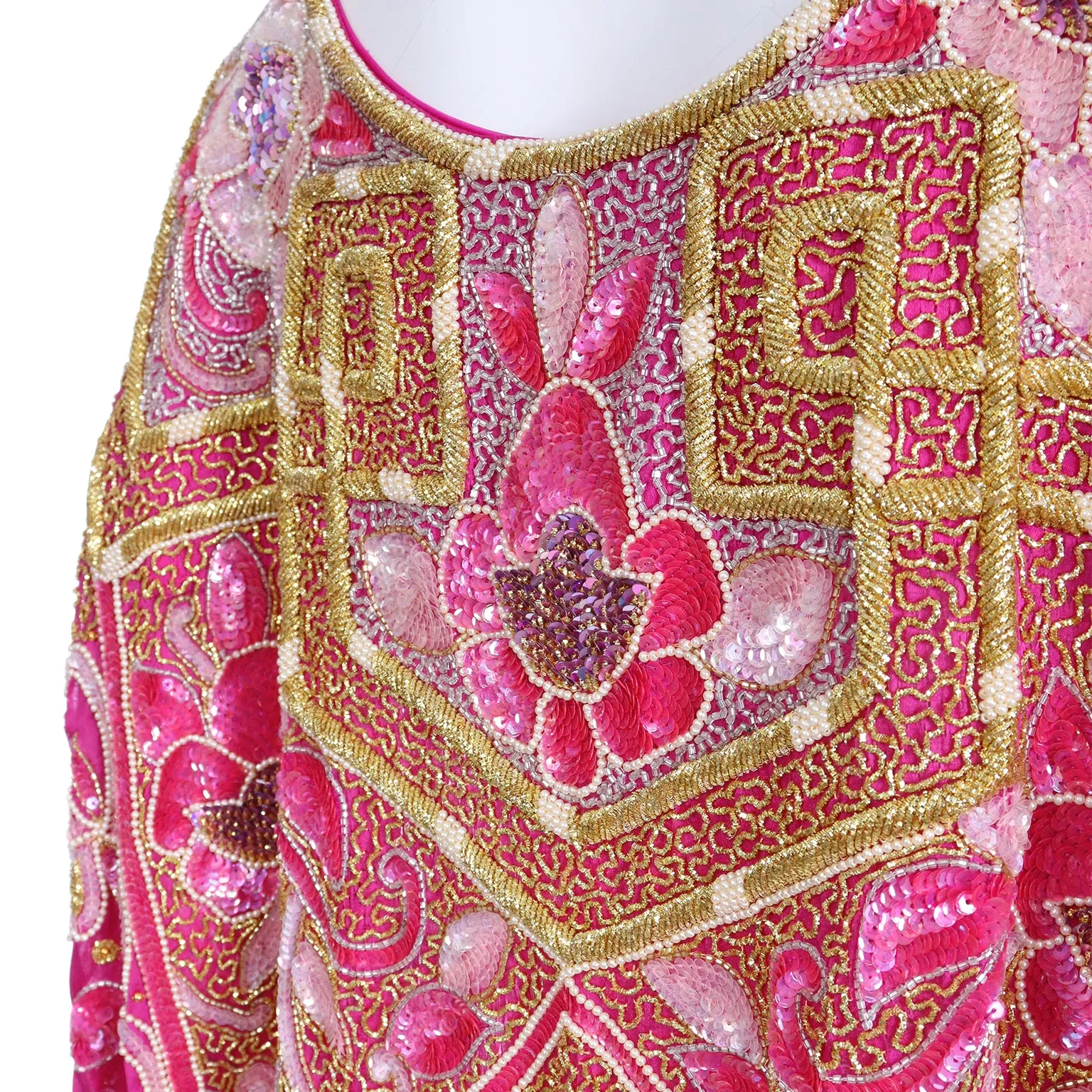 1980s Hot Pink Vintage Caftan With Raised Gold Beading and Sequins