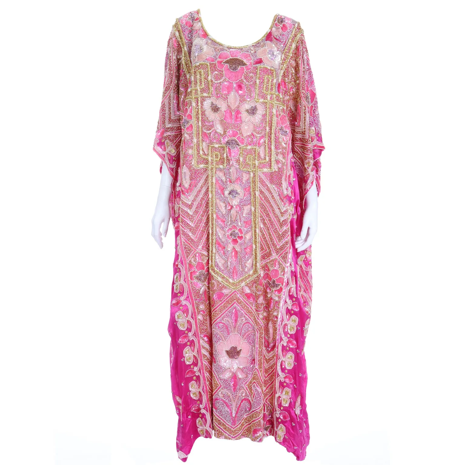 1980s Hot Pink Vintage Caftan With Raised Gold Beading and Sequins