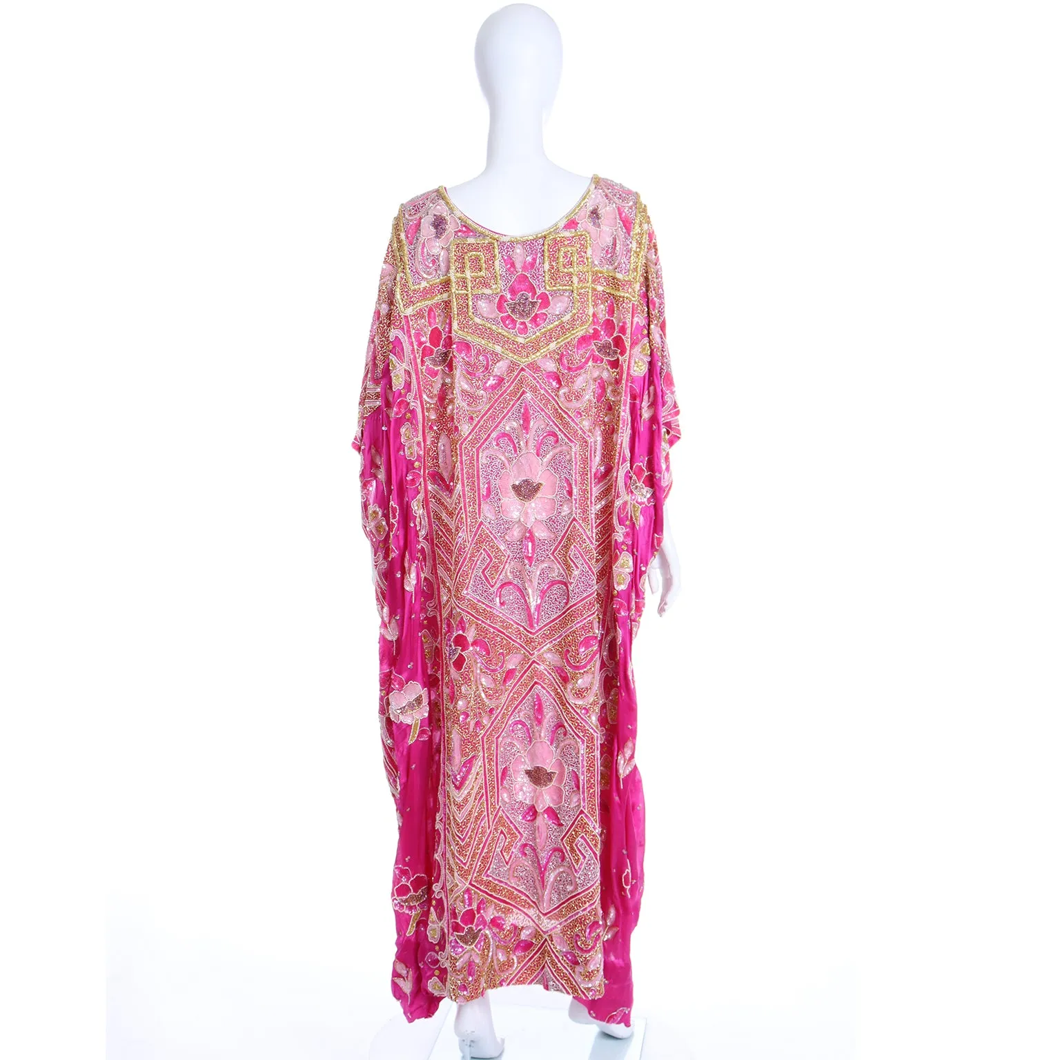 1980s Hot Pink Vintage Caftan With Raised Gold Beading and Sequins