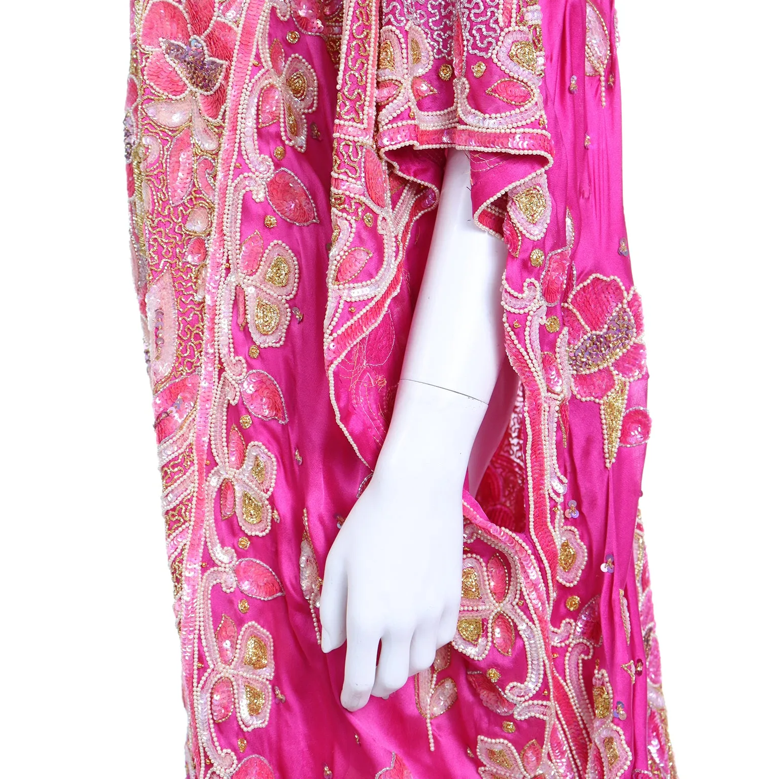 1980s Hot Pink Vintage Caftan With Raised Gold Beading and Sequins