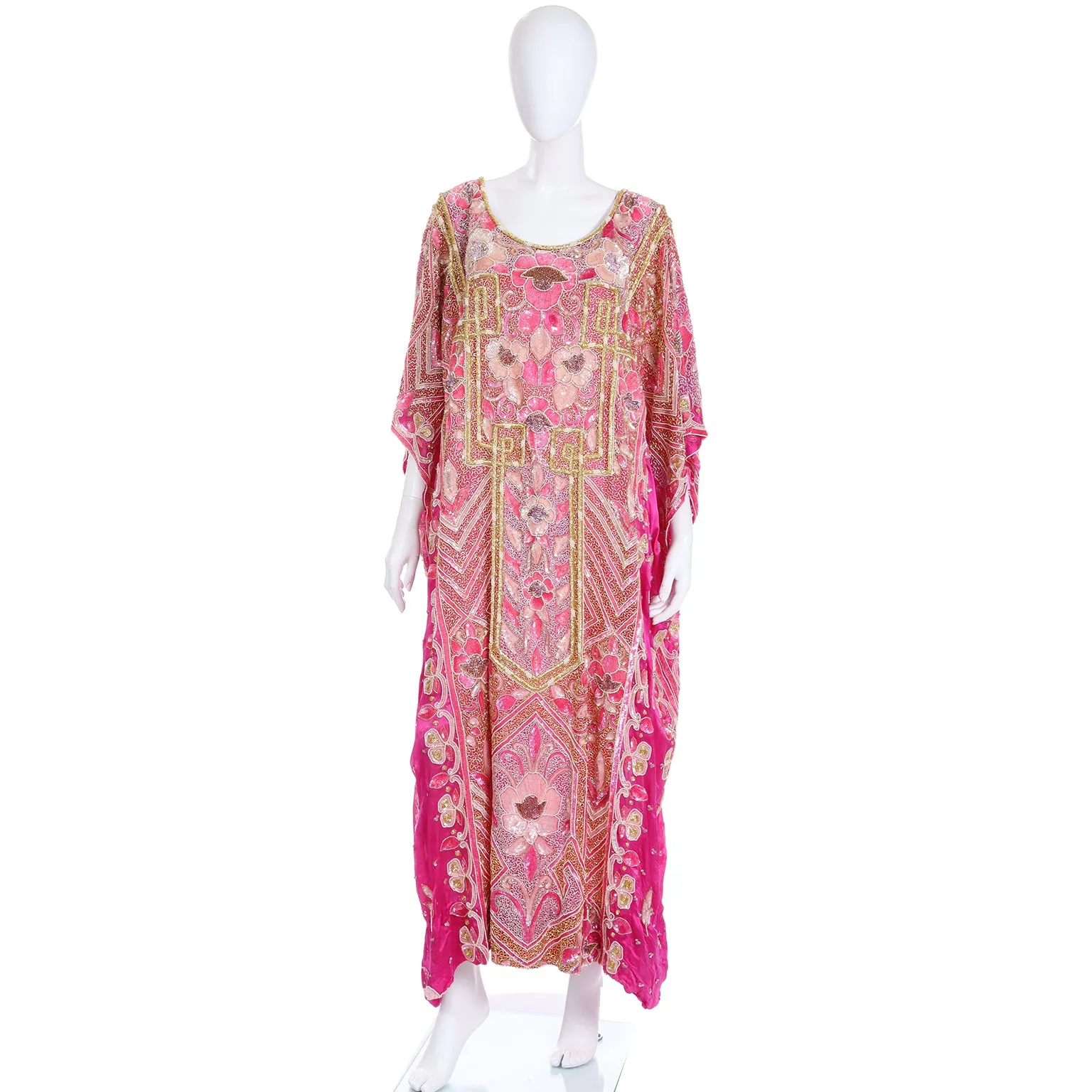 1980s Hot Pink Vintage Caftan With Raised Gold Beading and Sequins