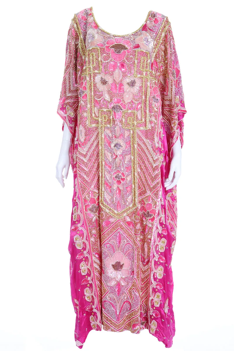 1980s Hot Pink Vintage Caftan With Raised Gold Beading and Sequins