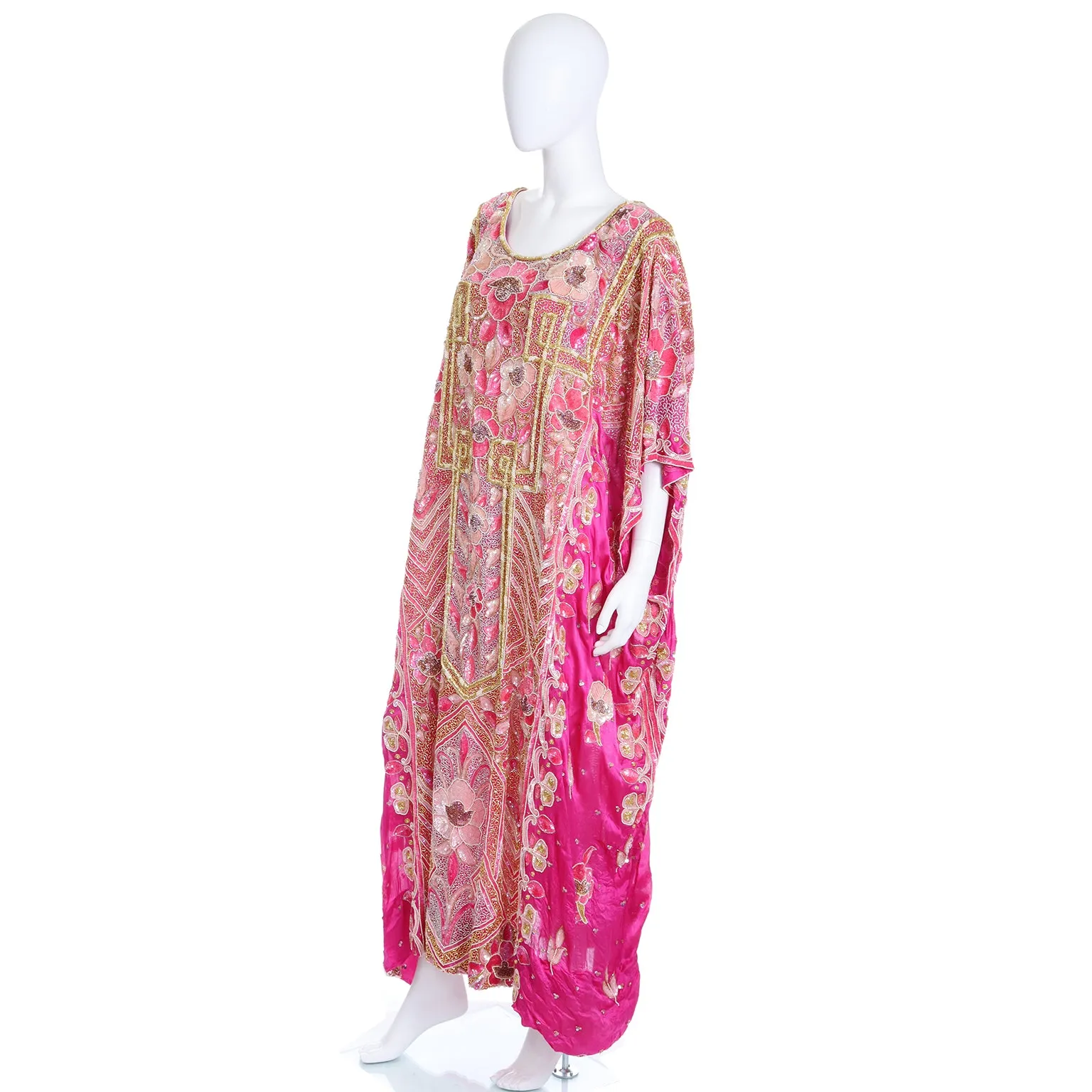 1980s Hot Pink Vintage Caftan With Raised Gold Beading and Sequins