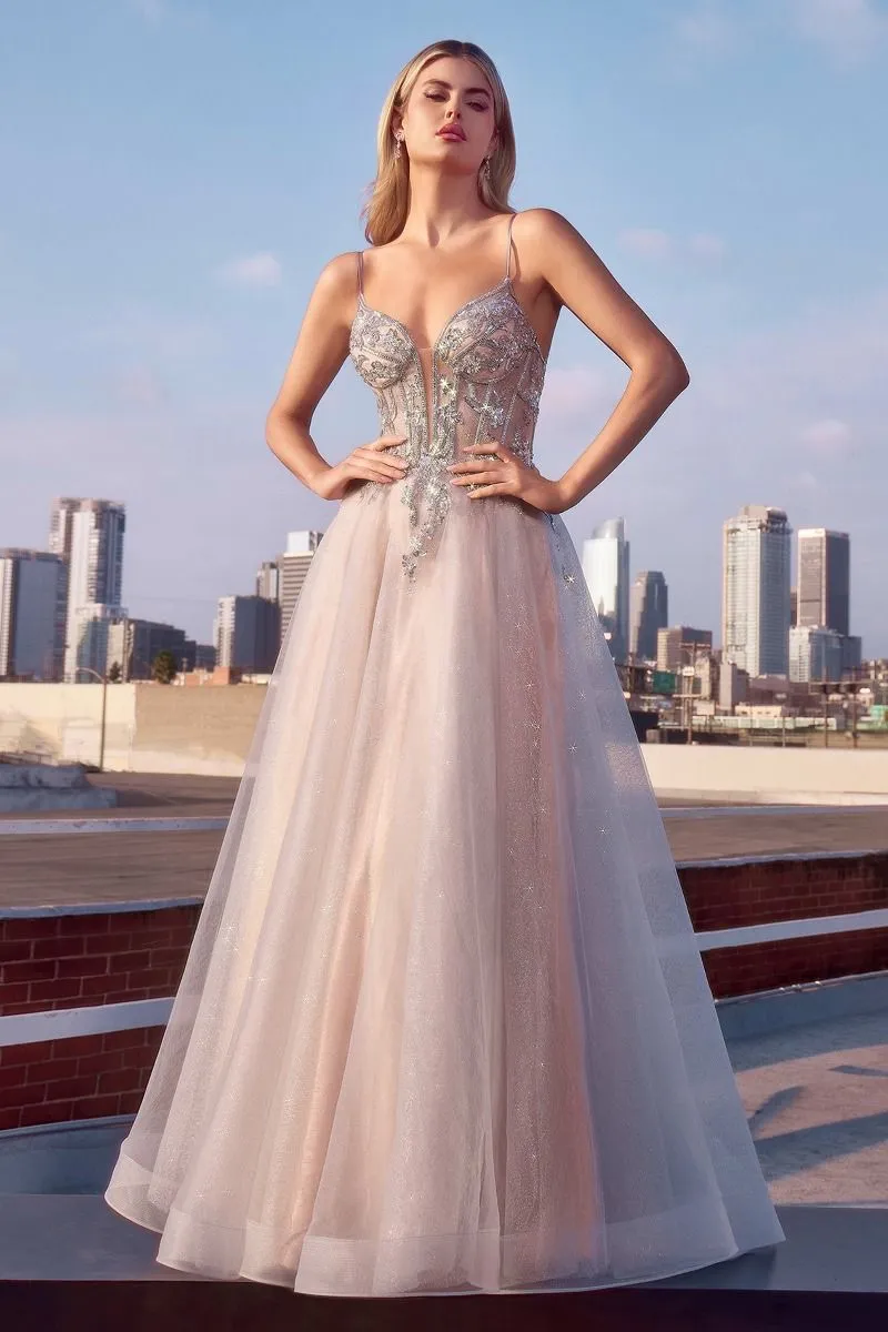 A-LINE LAYERED TULLE GOWN & LACE EMBELLISHED BODICE CDCC0881