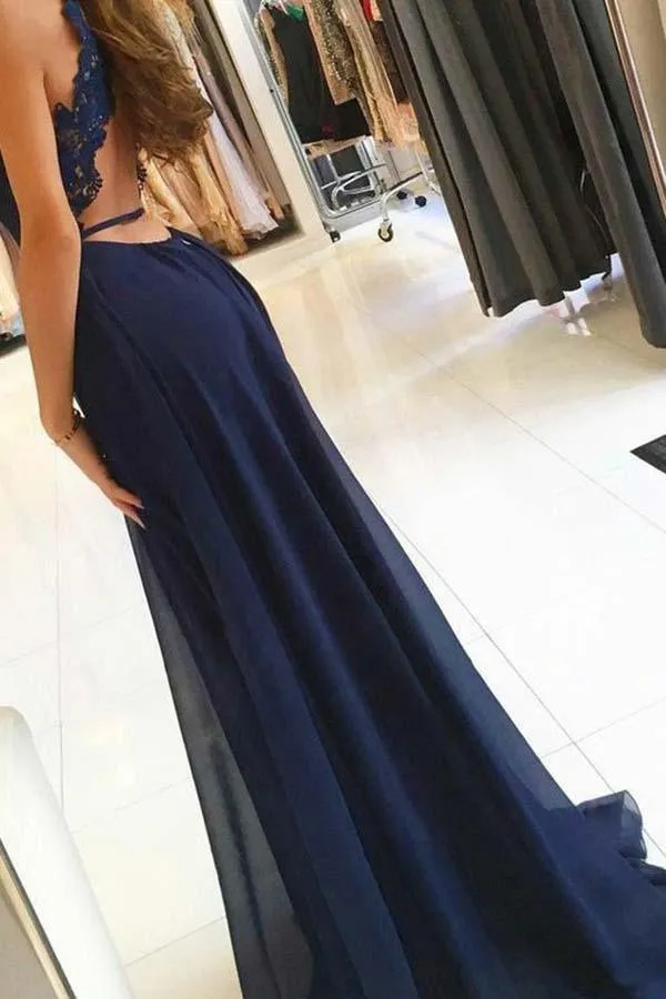 A-Line Round Neck Navy Blue Chiffon Prom Dress with Lace Split  PG591