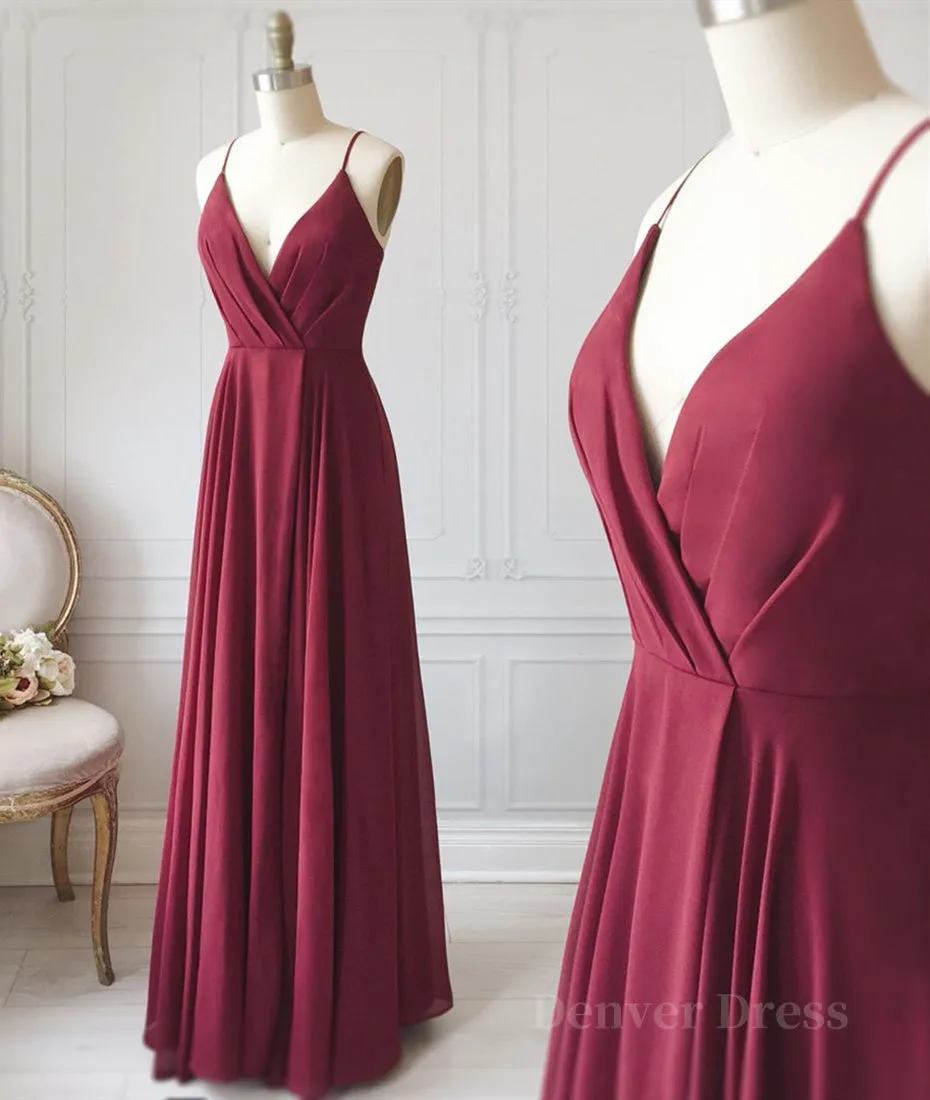 A Line V Neck Pleated Burgundy Long Prom Dress V Neck Burgundy Long Evening Dress Burgundy Graduation Dress Formal Dress