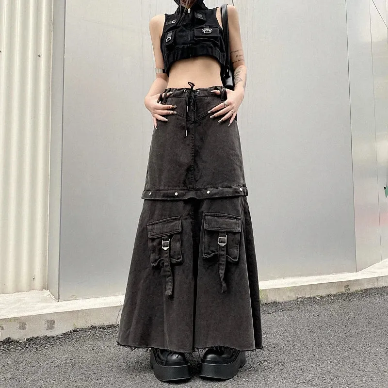 Aiertu 2024 Spring  Women Vintage Baggy Streetwear Denim Skirt Grunge 00S High Waist Y2K High Street Basic A-Line Lady Pockets Skirt