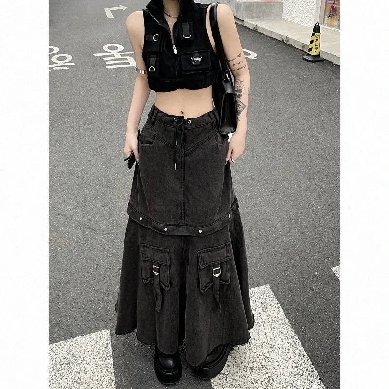 Aiertu 2024 Spring  Women Vintage Baggy Streetwear Denim Skirt Grunge 00S High Waist Y2K High Street Basic A-Line Lady Pockets Skirt