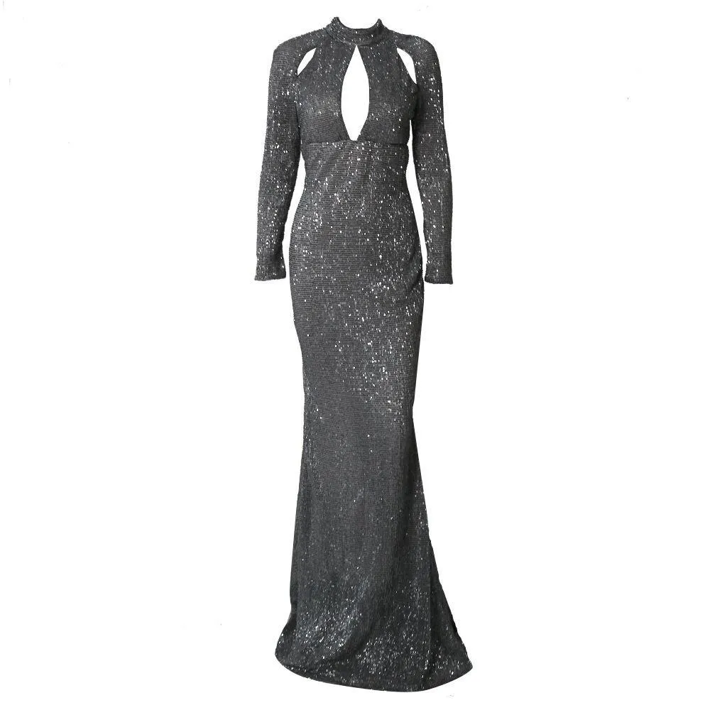 Autumn Sequins Pleated Round Neck Long Sleeves Hollowed Out Mopping Evening Dress