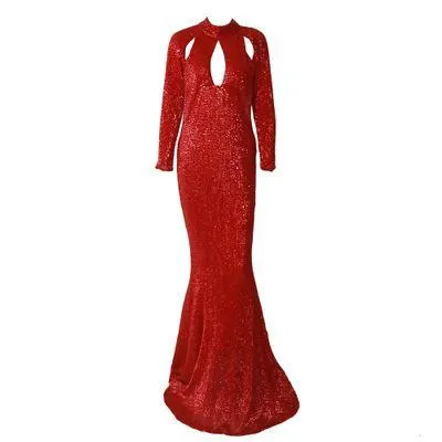 Autumn Sequins Pleated Round Neck Long Sleeves Hollowed Out Mopping Evening Dress