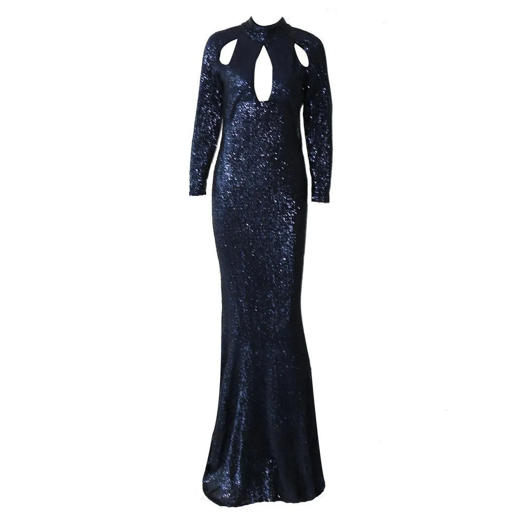 Autumn Sequins Pleated Round Neck Long Sleeves Hollowed Out Mopping Evening Dress