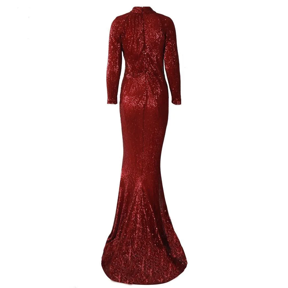 Autumn Sequins Pleated Round Neck Long Sleeves Hollowed Out Mopping Evening Dress