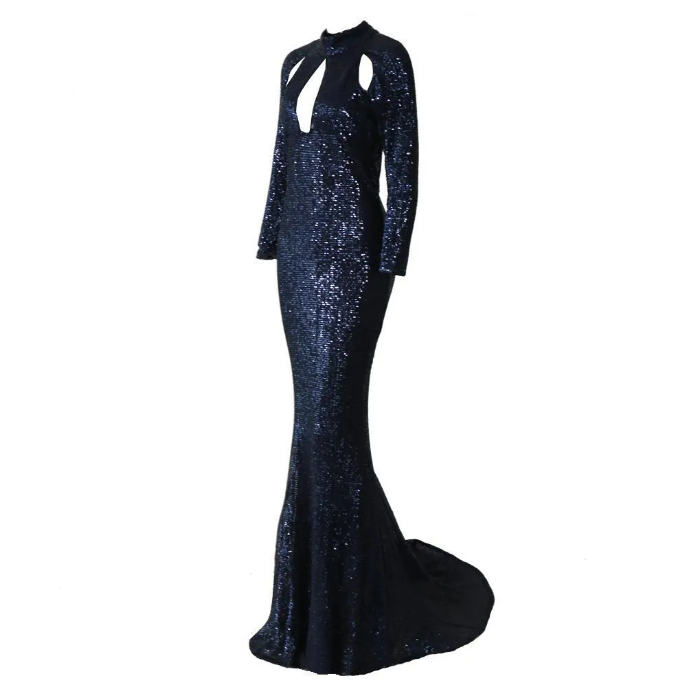 Autumn Sequins Pleated Round Neck Long Sleeves Hollowed Out Mopping Evening Dress