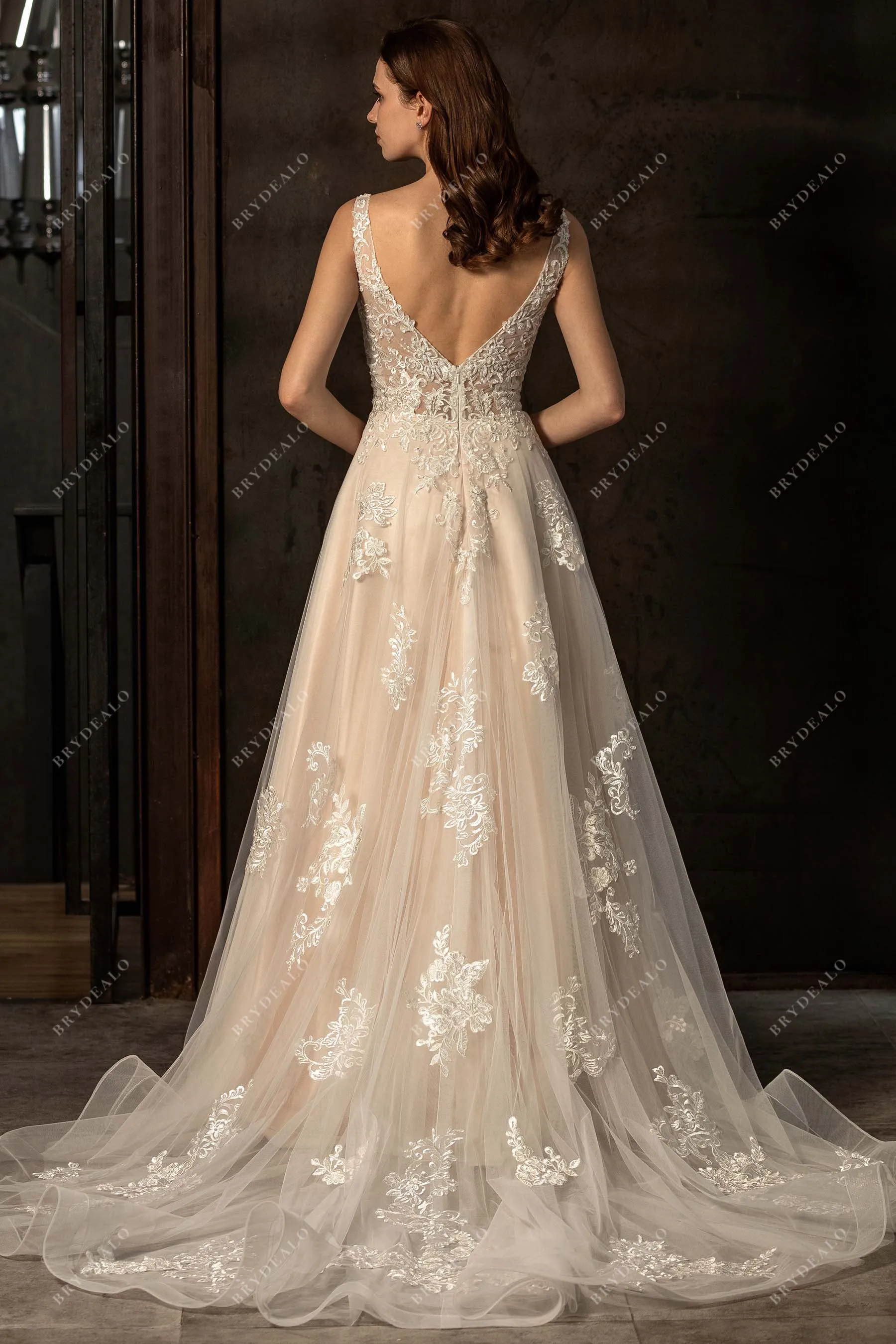 Beaded Straps V-neck Lace Elegant Champagne A-line Wedding Dress