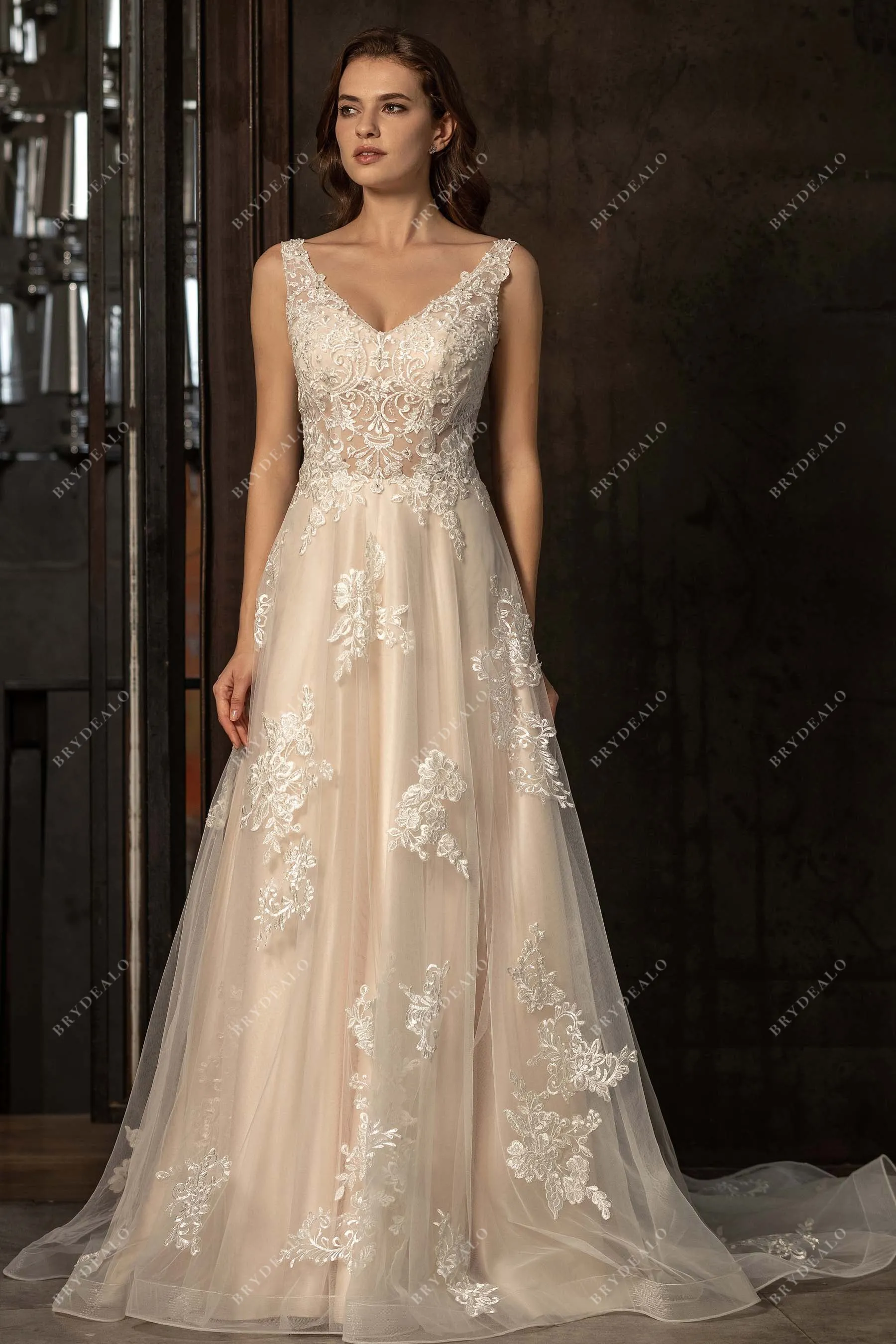 Beaded Straps V-neck Lace Elegant Champagne A-line Wedding Dress