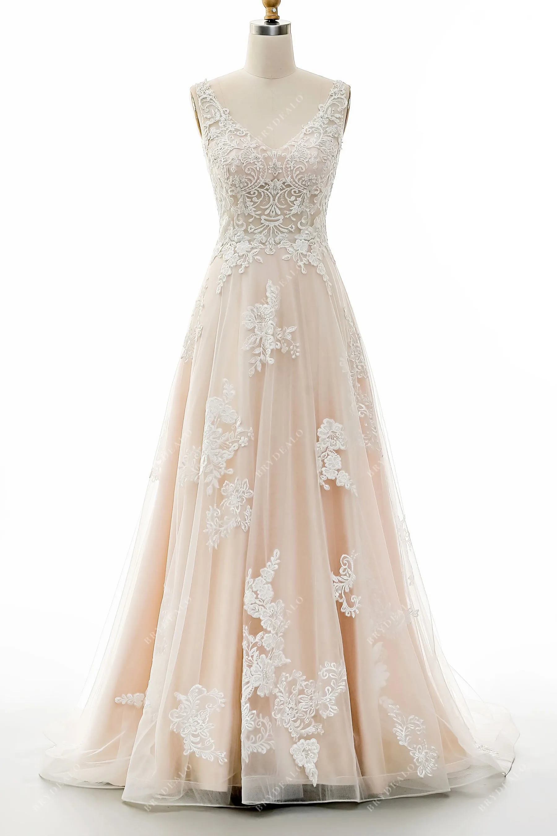 Beaded Straps V-neck Lace Elegant Champagne A-line Wedding Dress