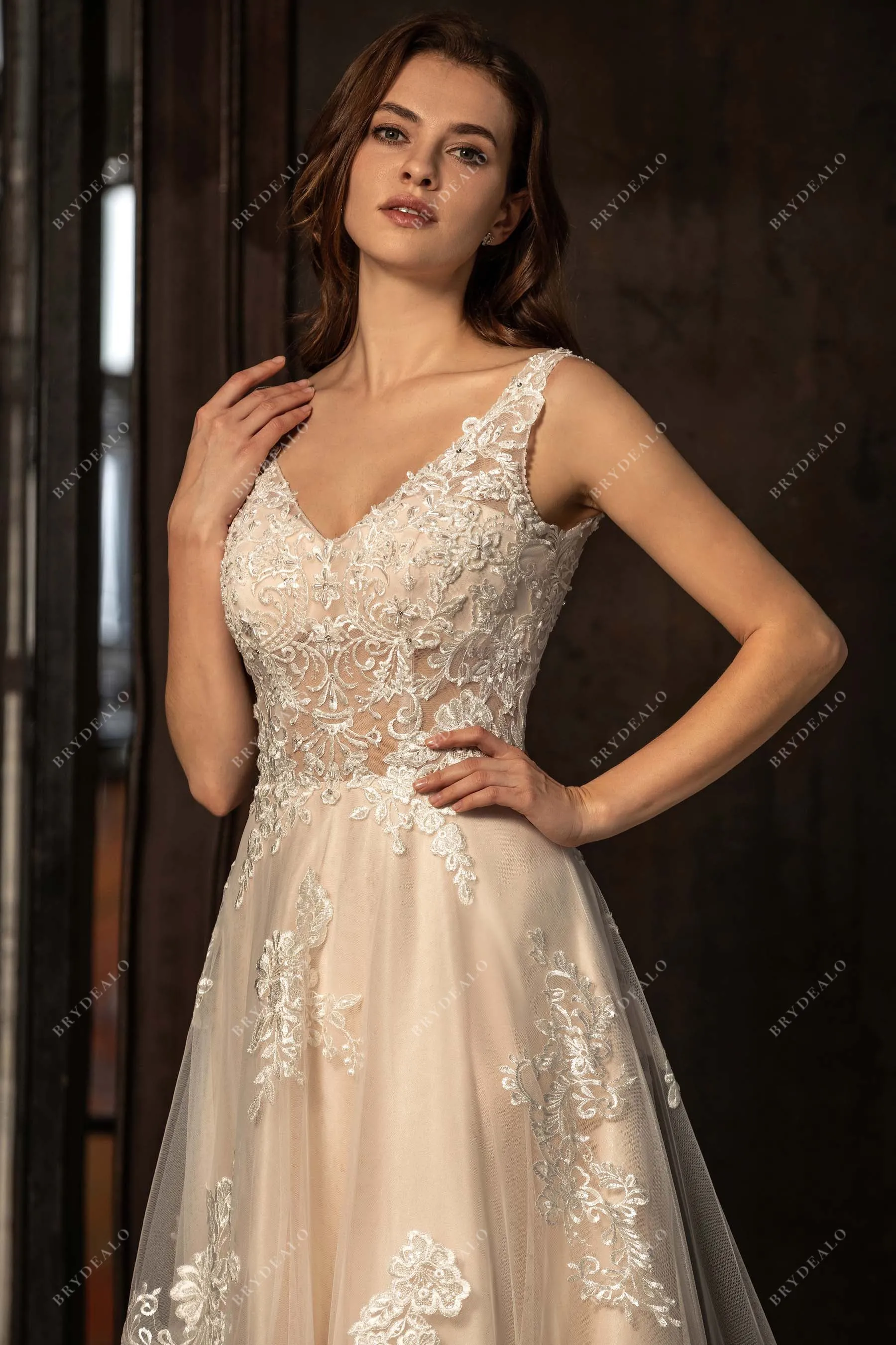 Beaded Straps V-neck Lace Elegant Champagne A-line Wedding Dress