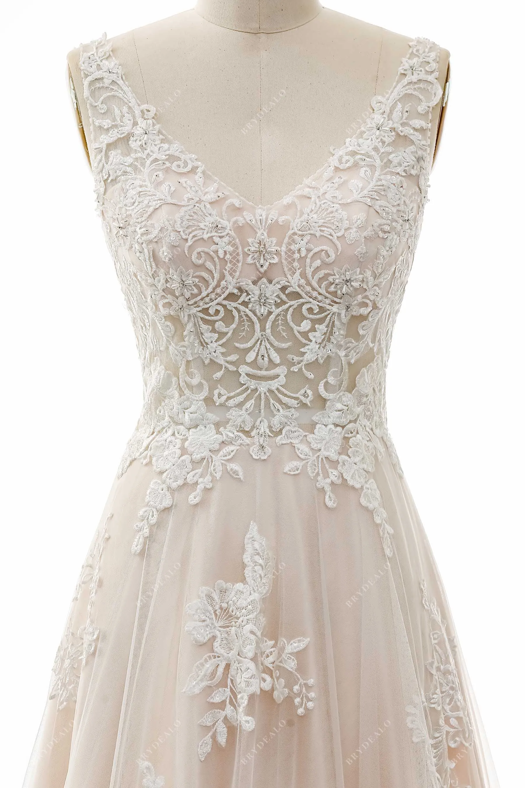 Beaded Straps V-neck Lace Elegant Champagne A-line Wedding Dress