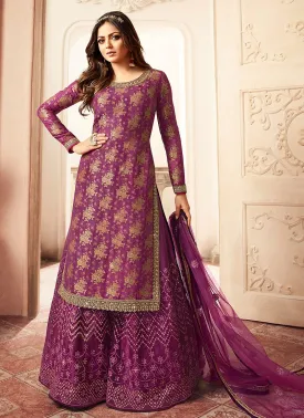 Beauteous Purple Embroidered Designer Jacquard Sharara Suit