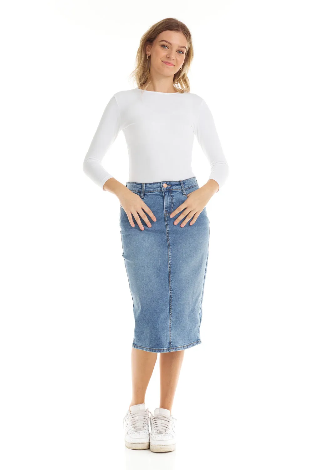 Below knee length midi jean skirt 'Milan'