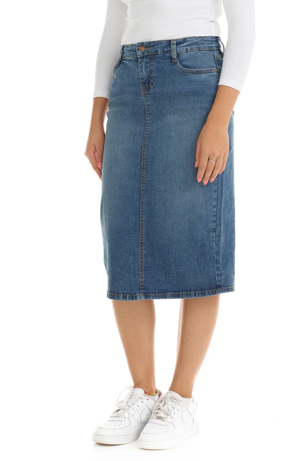 Below knee length midi jean skirt 'Milan'