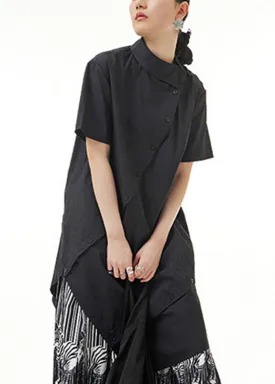 Black Asymmetrical Button Solid Cotton Maxi Shirts Short Sleeve LY1206