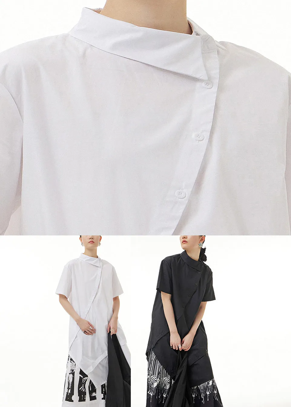 Black Asymmetrical Button Solid Cotton Maxi Shirts Short Sleeve LY1206