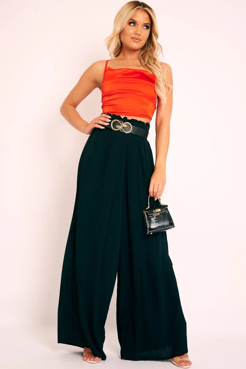 Black Plisse Frill Waist Wide Leg Trousers - Otta