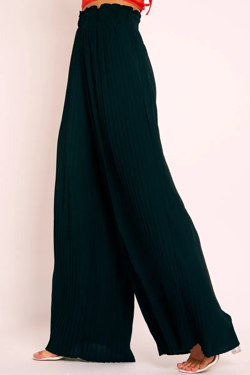 Black Plisse Frill Waist Wide Leg Trousers - Otta