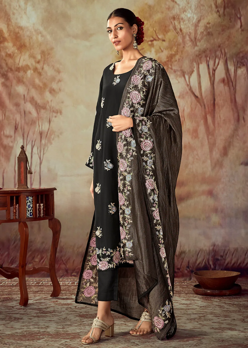 Black Russian Silk Embroidered Pant Style Salwar Kurta