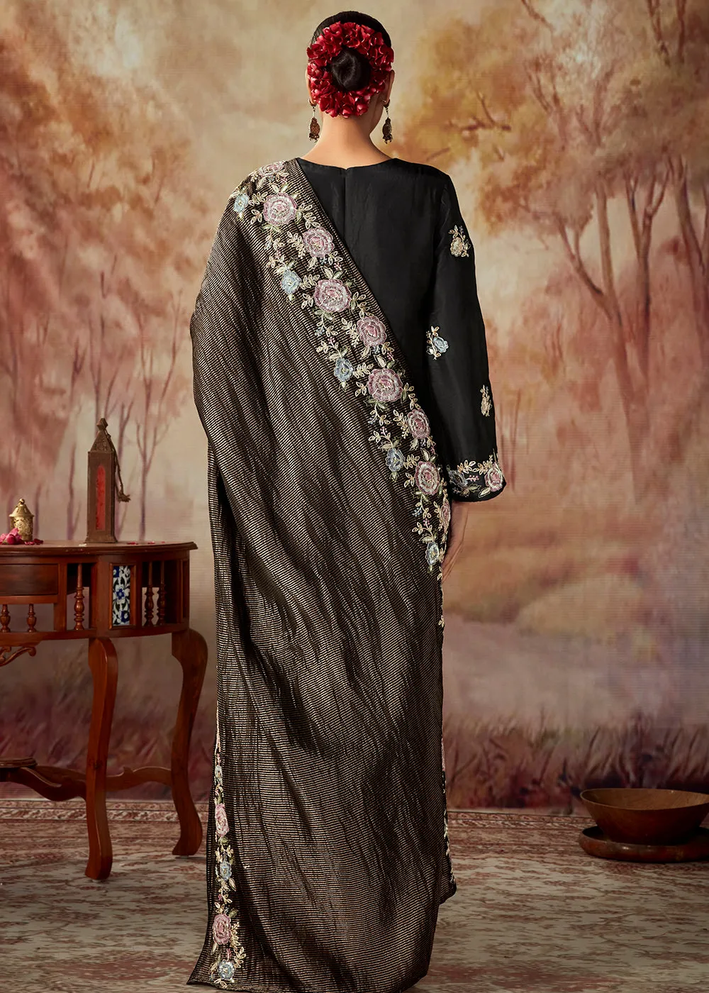 Black Russian Silk Embroidered Pant Style Salwar Kurta