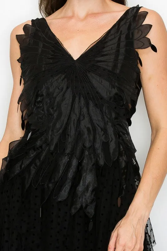 Black Sleeveless Rhythmic Appliqued Tulle Midi Dress