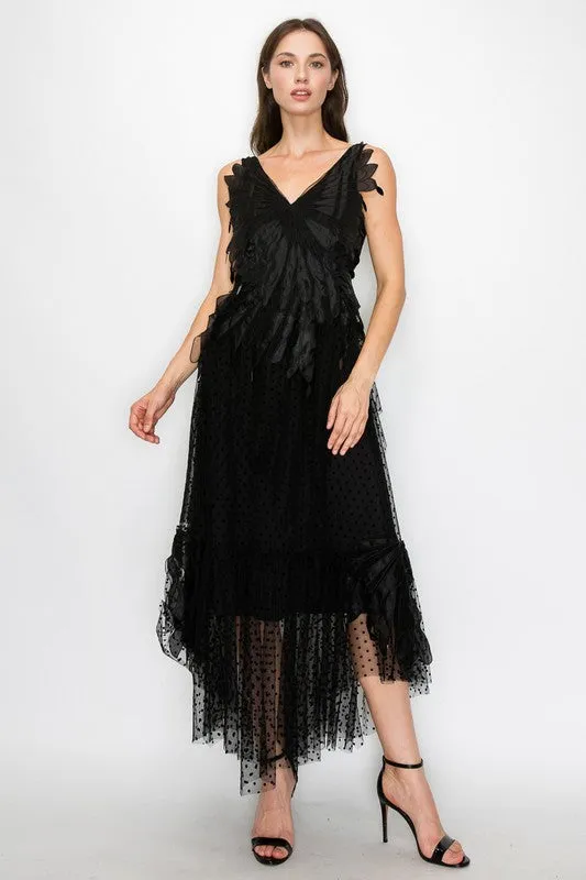 Black Sleeveless Rhythmic Appliqued Tulle Midi Dress