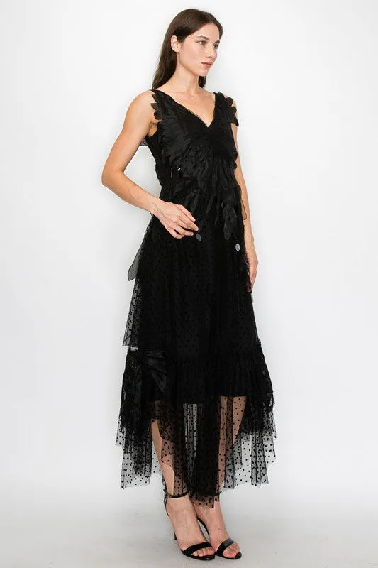 Black Sleeveless Rhythmic Appliqued Tulle Midi Dress