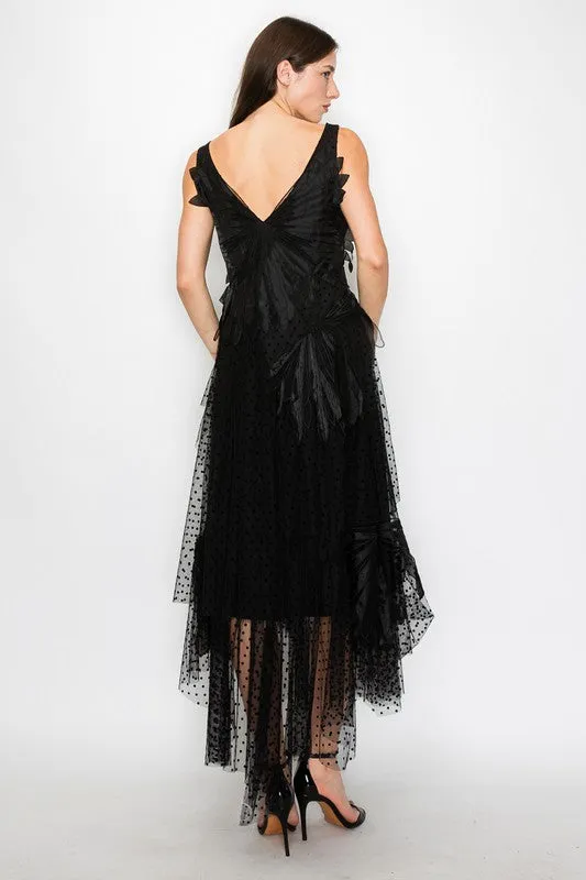 Black Sleeveless Rhythmic Appliqued Tulle Midi Dress