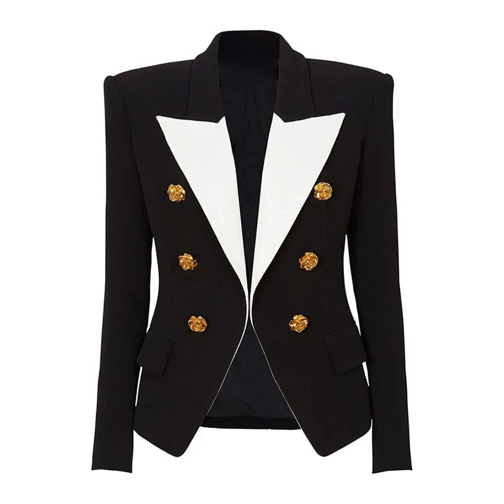 Black Slim-Fit Jacket With Rose Gold Buttons Coat and Mini Skirt