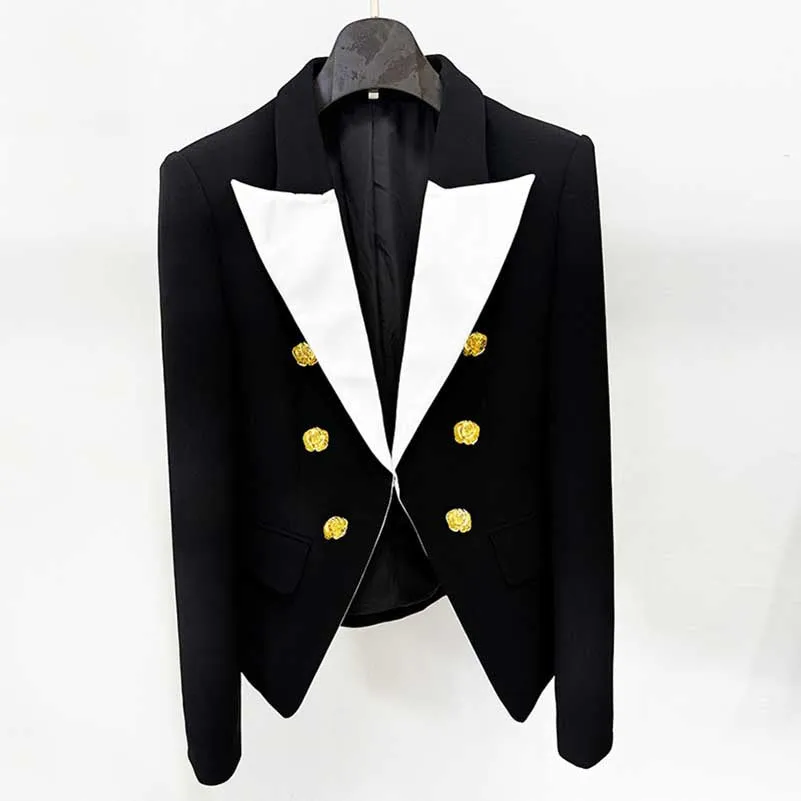 Black Slim-Fit Jacket With Rose Gold Buttons Coat and Mini Skirt