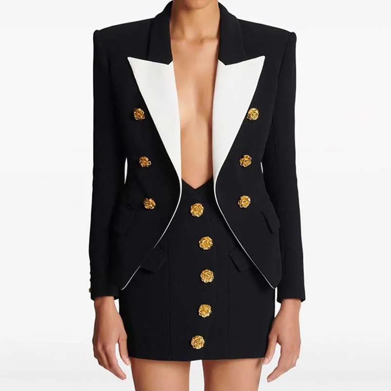 Black Slim-Fit Jacket With Rose Gold Buttons Coat and Mini Skirt