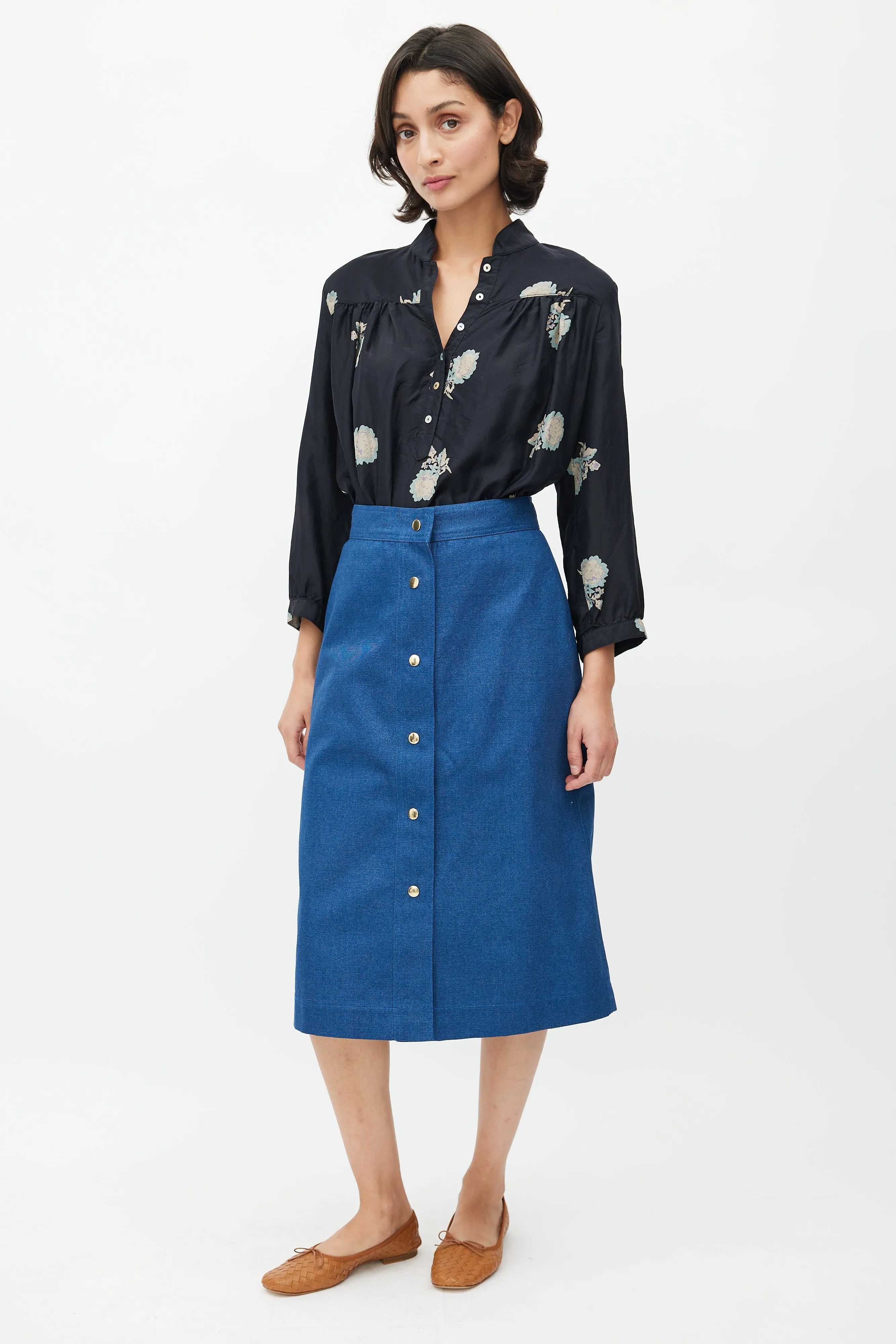 Blue A-Line Midi Skirt