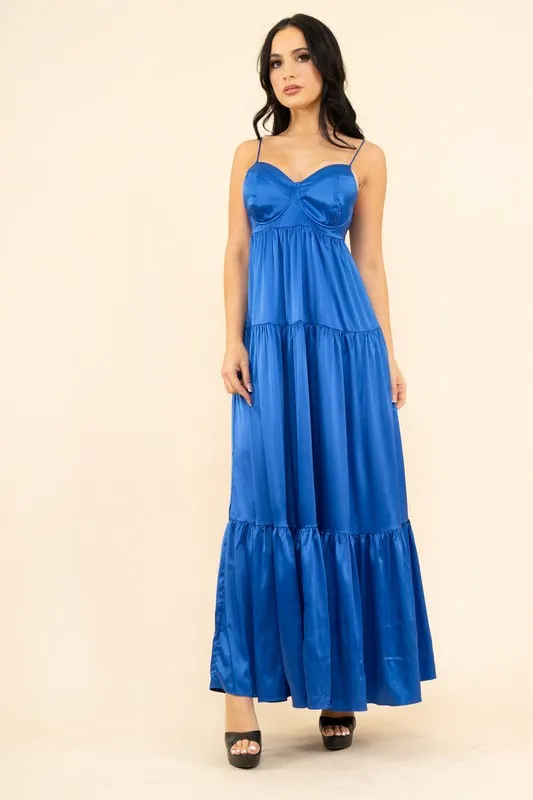 Blue Strech Satin Solid Back Open Long Dress