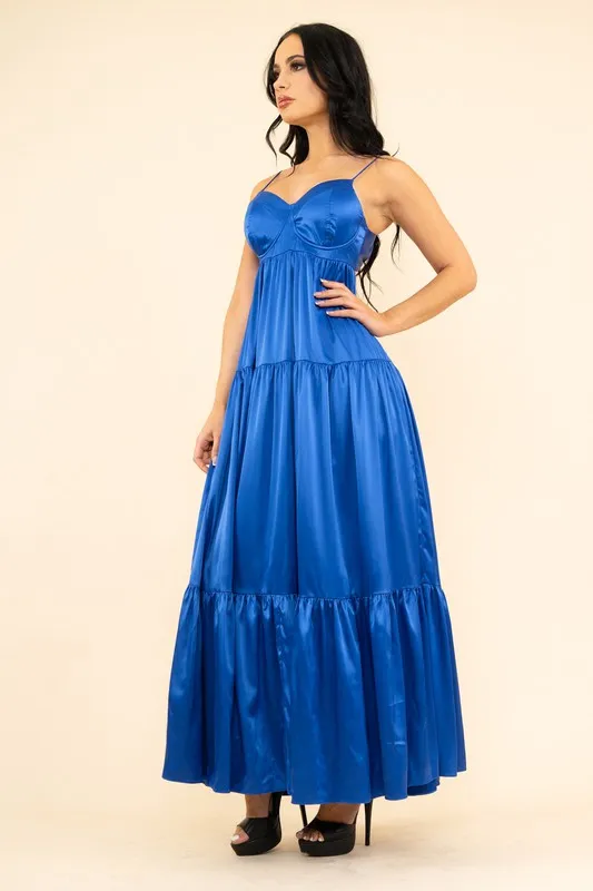 Blue Strech Satin Solid Back Open Long Dress