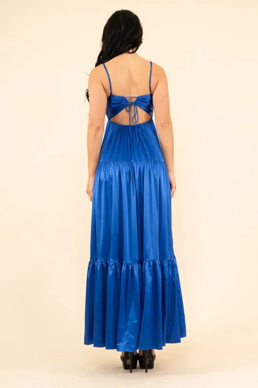 Blue Strech Satin Solid Back Open Long Dress