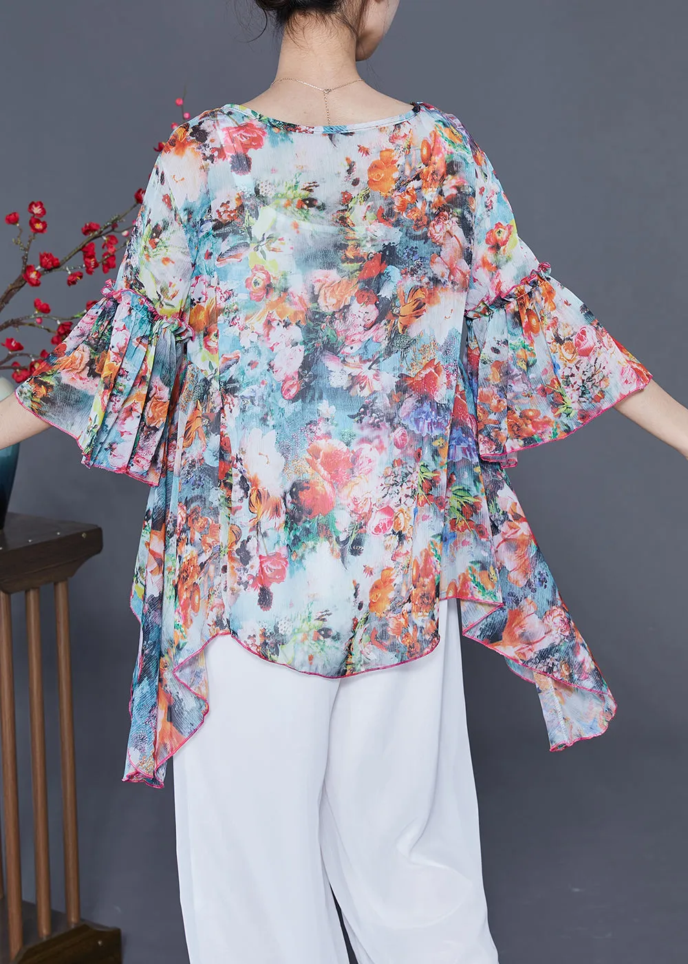 Boho Asymmetrical Design Floral Print Chiffon Shirts Flare Sleeve LY2414