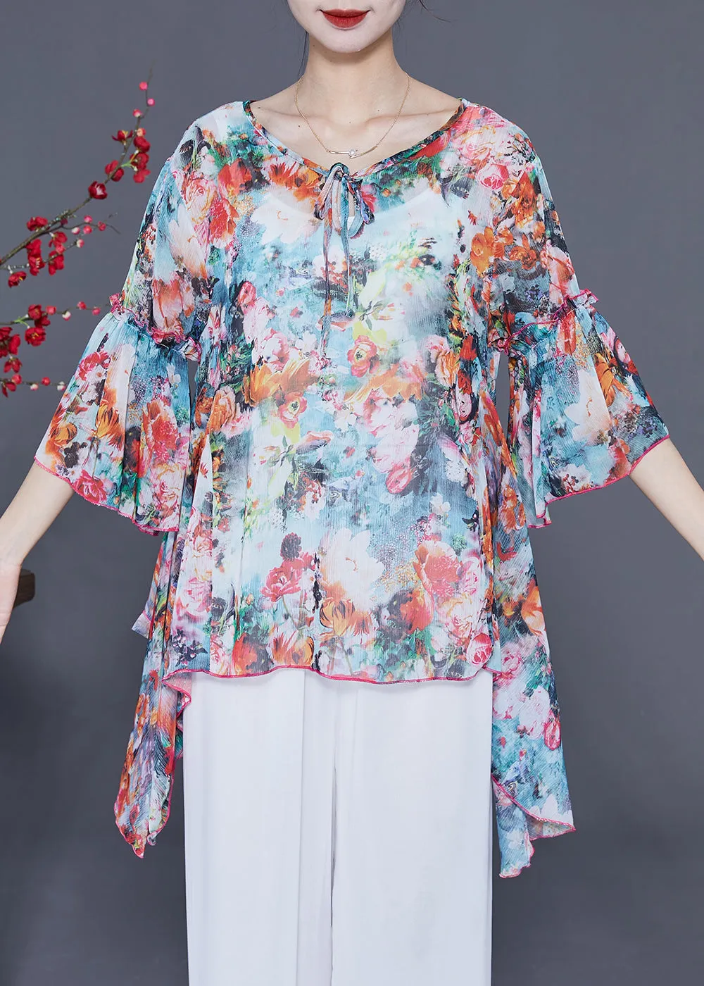 Boho Asymmetrical Design Floral Print Chiffon Shirts Flare Sleeve LY2414