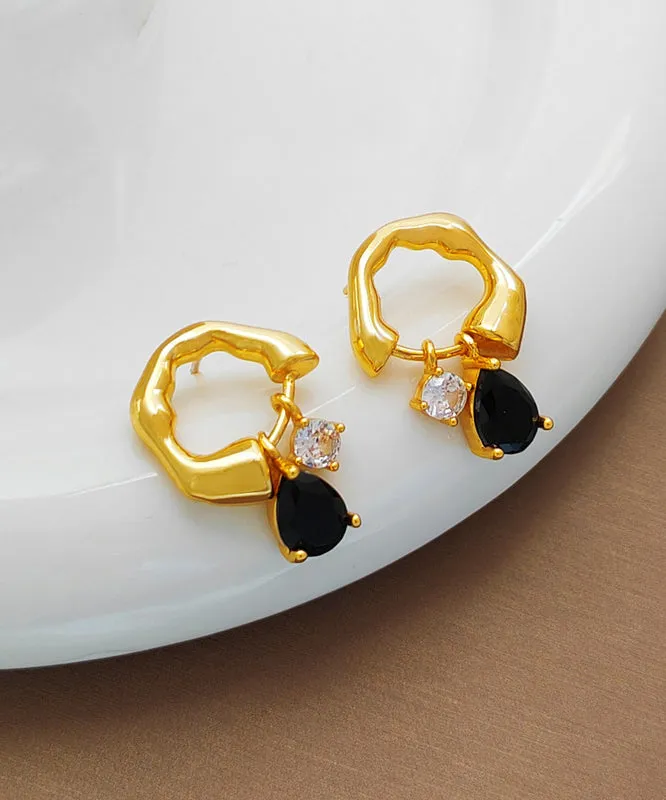 Boutique Black Asymmetrical Copper Glod Plated Zircon Glass Hoop Earringss