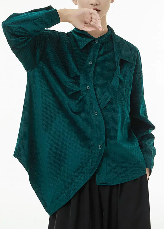 Boutique Blackish Green Asymmetrical Wrinkled Silk Velour Shirts Spring TS1047