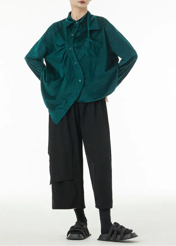 Boutique Blackish Green Asymmetrical Wrinkled Silk Velour Shirts Spring TS1047