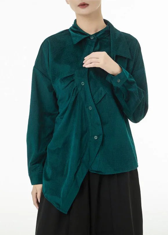 Boutique Blackish Green Asymmetrical Wrinkled Silk Velour Shirts Spring TS1047